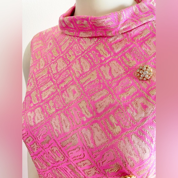 Richard Kaplan 1960s Pink Gold Metallic Thread Belted Vintage Shift Dress - Picture 15 of 16